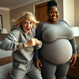 Inside a hotel room, a young, wild and slightly disheveled blonde woman, around 20 years old, with medium-length blonde hair styled in a messy way, large blue eyes wide open, is in a desperate fighting stance, mouth wide open as if screaming wildly