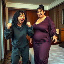 Inside a Chinese hotel room, a young, wild and slightly malnourished Chinese woman, around 20 years old, with medium-length black hair styled with bangs, is in a desperate fighting stance, looking quite short