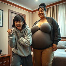 Inside a Chinese hotel room, a young, wild and slightly malnourished Chinese woman, around 20 years old, with medium-length black hair styled with bangs, is in a desperate fighting stance, looking quite short