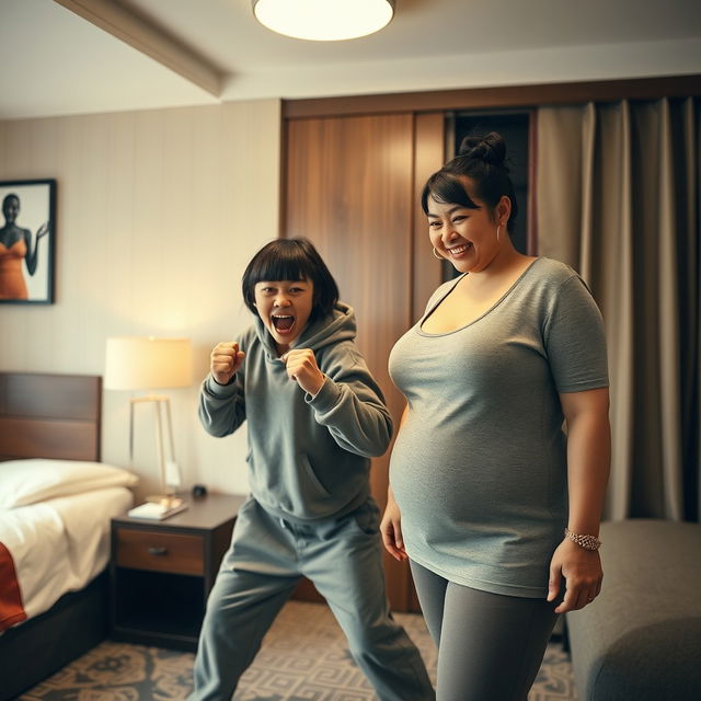 Inside a Chinese hotel room, a young, wild and slightly malnourished Chinese woman, around 20 years old, with medium-length black hair styled with bangs, is in a desperate fighting stance, looking quite short