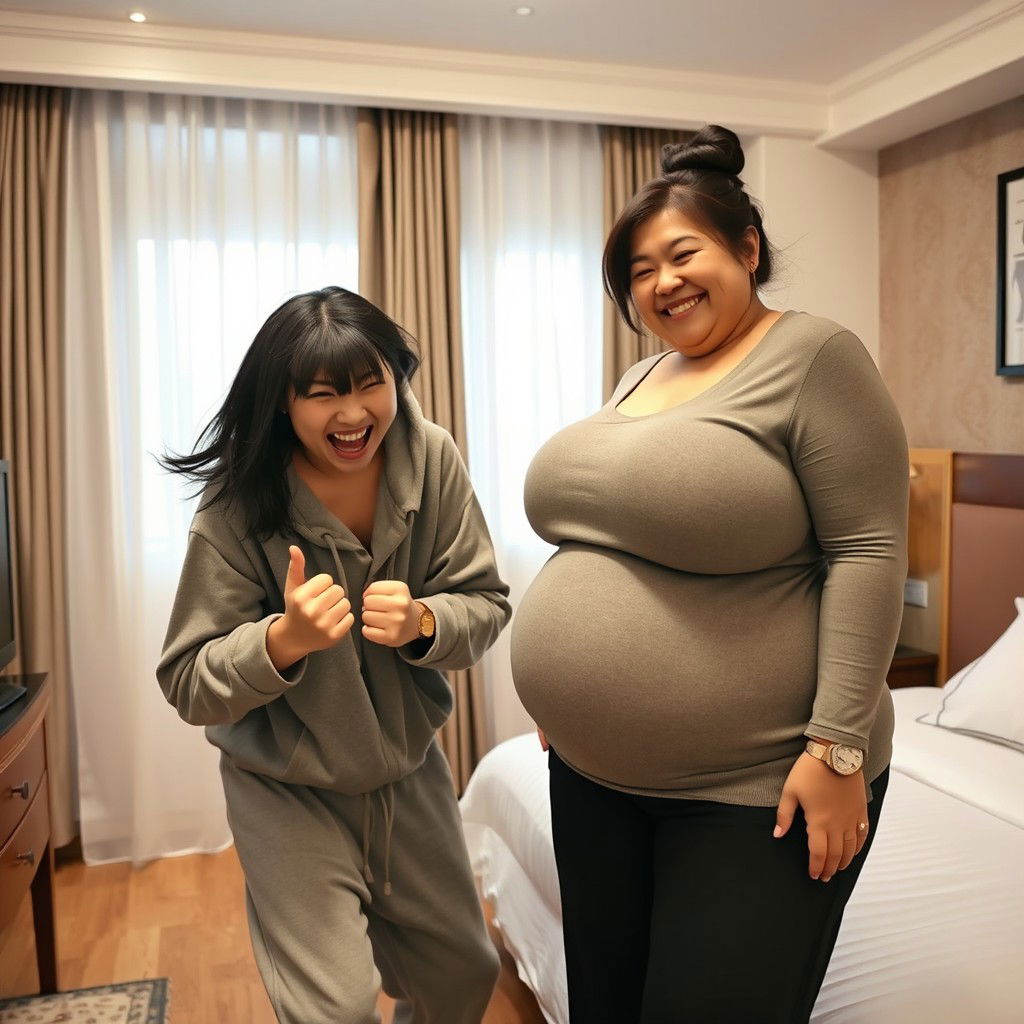 Inside a Chinese hotel room, a young, wild, and slightly malnourished Chinese woman, approximately 20 years old, with medium-length black hair styled with bangs, is in a desperate fighting stance