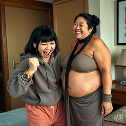 Inside a Chinese hotel room, a young, wild, and slightly malnourished Chinese woman, approximately 20 years old, with medium-length black hair styled with bangs, is in a desperate fighting stance