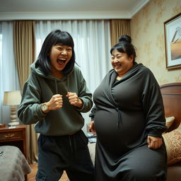 Inside a Chinese hotel room, a young, wild, and slightly malnourished Chinese woman, approximately 20 years old, with medium-length black hair styled with bangs, is in a desperate fighting stance