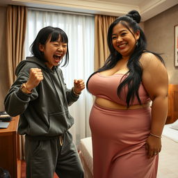 Inside a Chinese hotel room, a young, wild, and slightly malnourished Chinese woman, approximately 20 years old, with medium-length black hair styled with bangs, is in a desperate fighting stance