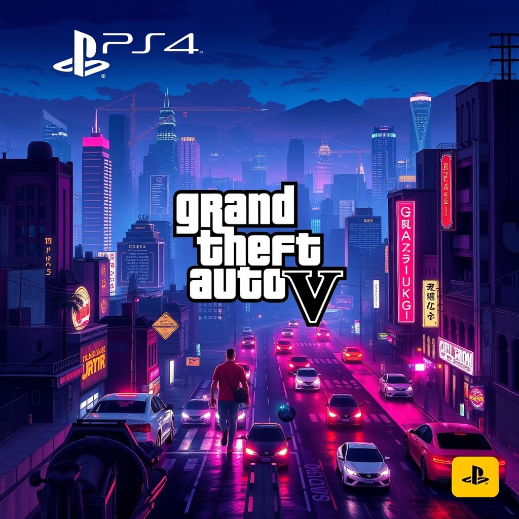 A highly detailed digital artwork of a PlayStation 4 Grand Theft Auto VI CD cover styled background