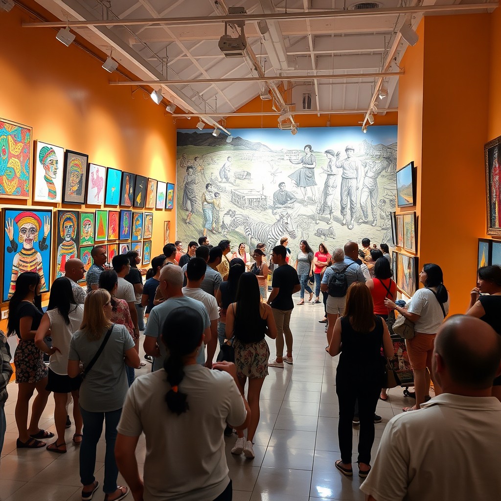 A vibrant scene capturing a cultural gallery in Foro Sur, filled with colorful art displays and lively local performers engaging with an enthusiastic crowd