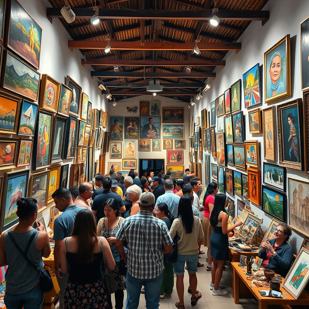A vibrant and culturally rich scene set in Foro Sur, featuring a cultural gallery bursting with life