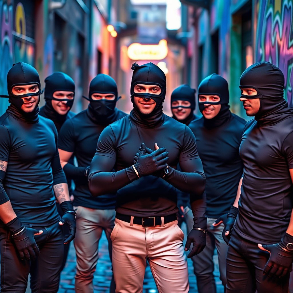 A group of young men dressed in stylish, fitted t-shirts that highlight their athletic builds