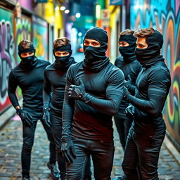 A group of young men dressed in stylish, fitted t-shirts that highlight their athletic builds