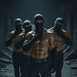 A suspenseful scene featuring a group of young male thieves without shirts, showcasing their athletic bodies