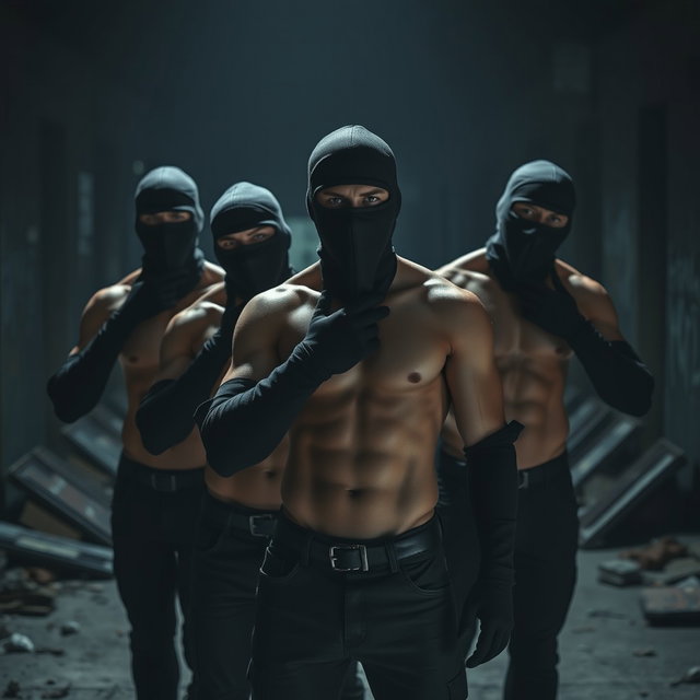 A suspenseful scene featuring a group of young male thieves without shirts, showcasing their athletic bodies