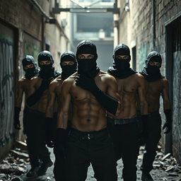 A cinematic scene depicting a group of young male thieves without shirts, showcasing their fit physiques