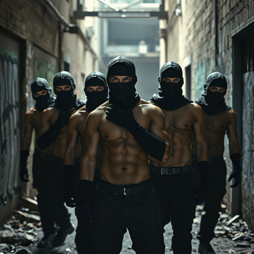 A cinematic scene depicting a group of young male thieves without shirts, showcasing their fit physiques