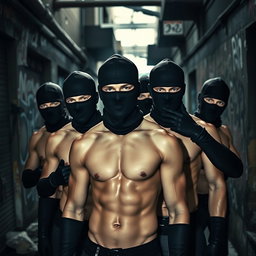 A cinematic scene depicting a group of young male thieves without shirts, showcasing their fit physiques