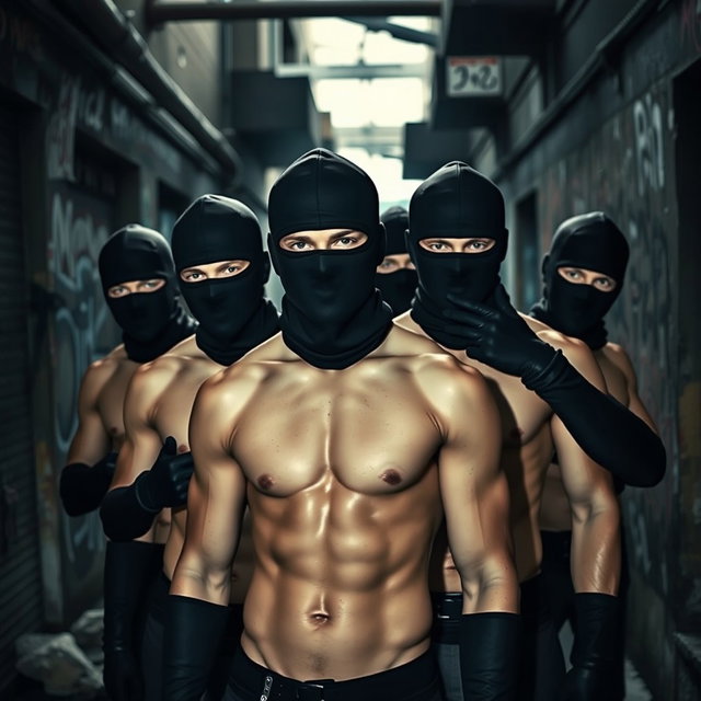 A cinematic scene depicting a group of young male thieves without shirts, showcasing their fit physiques