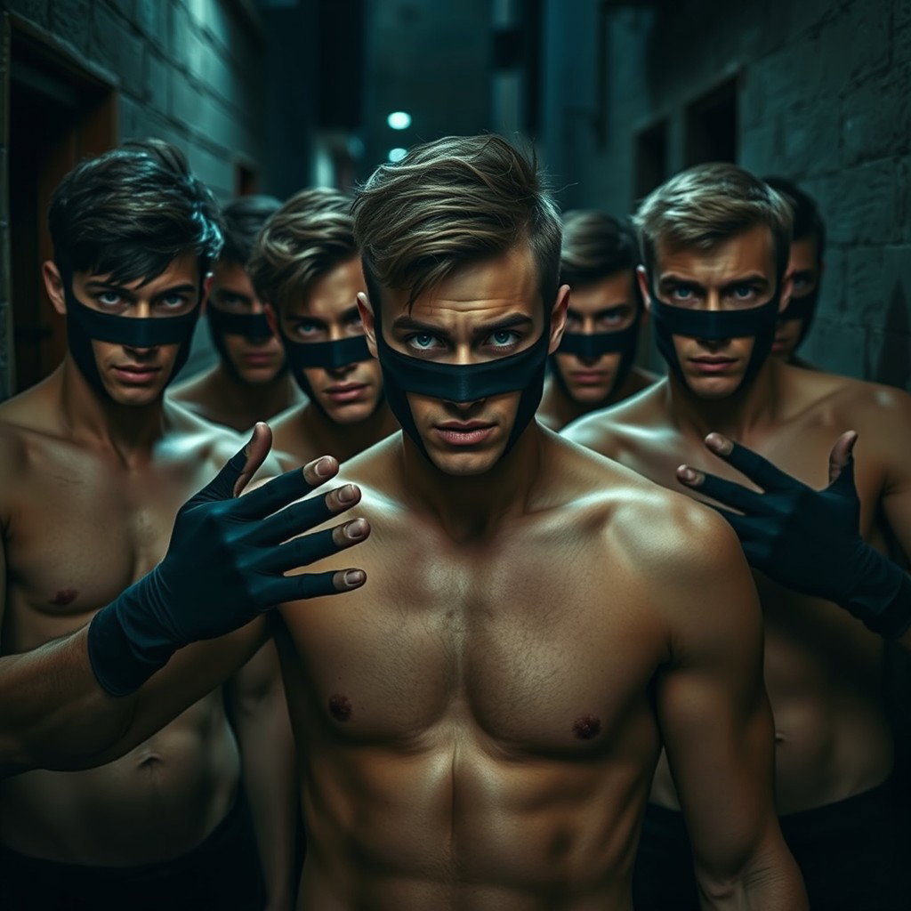 Un grupo de ladrones, hombres jóvenes con ojos azules, todos sin camiseta, mostrando una actitud desafiante y conspiradora