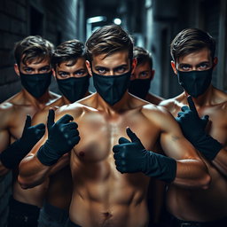 Un grupo de ladrones, hombres jóvenes con ojos azules intensos, todos sin camiseta, exhibiendo una postura decidida y desafiante