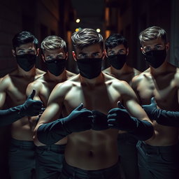 Un grupo de ladrones, hombres jóvenes con ojos azules intensos, todos sin camiseta, exhibiendo una postura decidida y desafiante