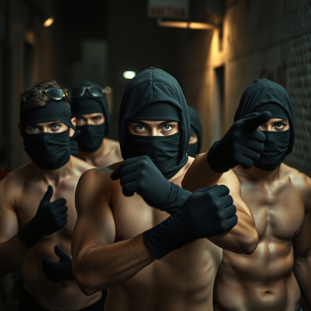 Un grupo de ladrones, hombres jóvenes con ojos azules brillantes, todos sin camiseta, actuando con una actitud decidida y enérgica