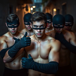 Un grupo de ladrones, hombres jóvenes con ojos azules brillantes, todos sin camiseta, actuando con una actitud decidida y enérgica