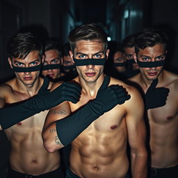 Un grupo de ladrones, hombres jóvenes con ojos azules brillantes, todos sin camiseta, actuando con una actitud decidida y enérgica