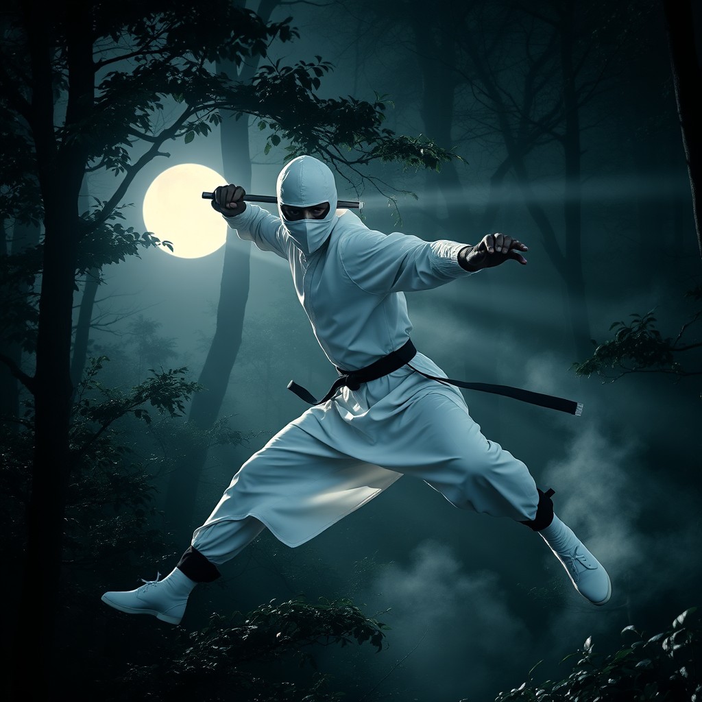 A skilled and agile white ninja, dressed in a sleek white outfit with subtle black accents, expertly maneuvering through a serene, moonlit forest