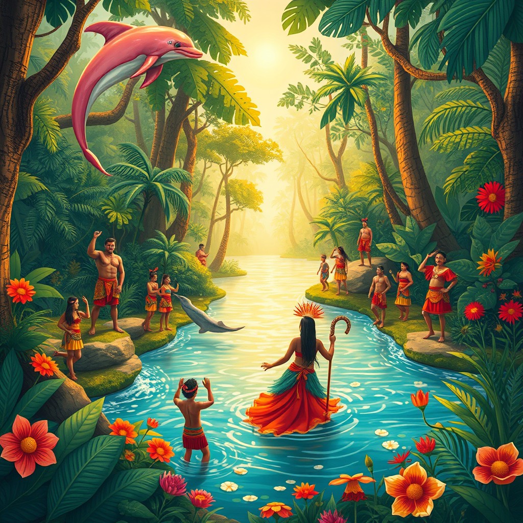 A vibrant illustration depicting elements of Brazilian folklore such as a mystical forest setting teeming with magical creatures like Boto, the pink river dolphin that transforms into a handsome man, and Iara, the beautiful siren, alongside lively, colorful indigenous people participating in traditional dances and rituals