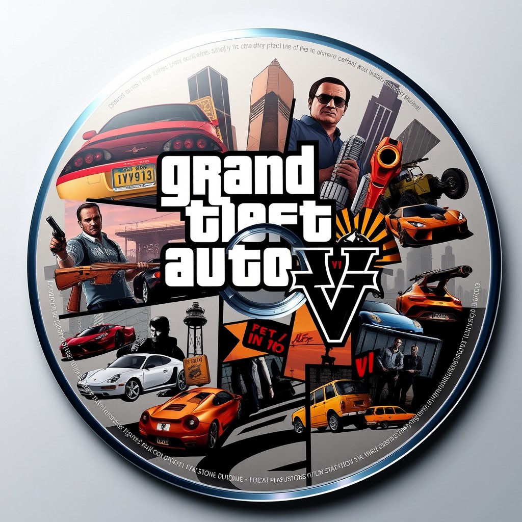 A highly detailed digital artwork of a PlayStation 4 Grand Theft Auto VI CD design