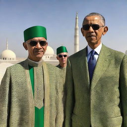 President Obama in traditional Turkmenistan clothing during a visit, with Turkmenistan landmarks in the background