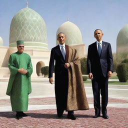 President Obama in traditional Turkmenistan clothing during a visit, with Turkmenistan landmarks in the background