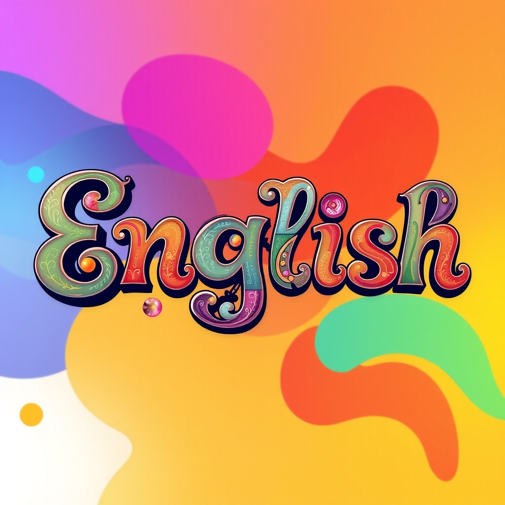 An imaginative portrayal of the word 'English' designed in a unique, artistic font, incorporating elements of creativity such as swirling colors and intricate patterns