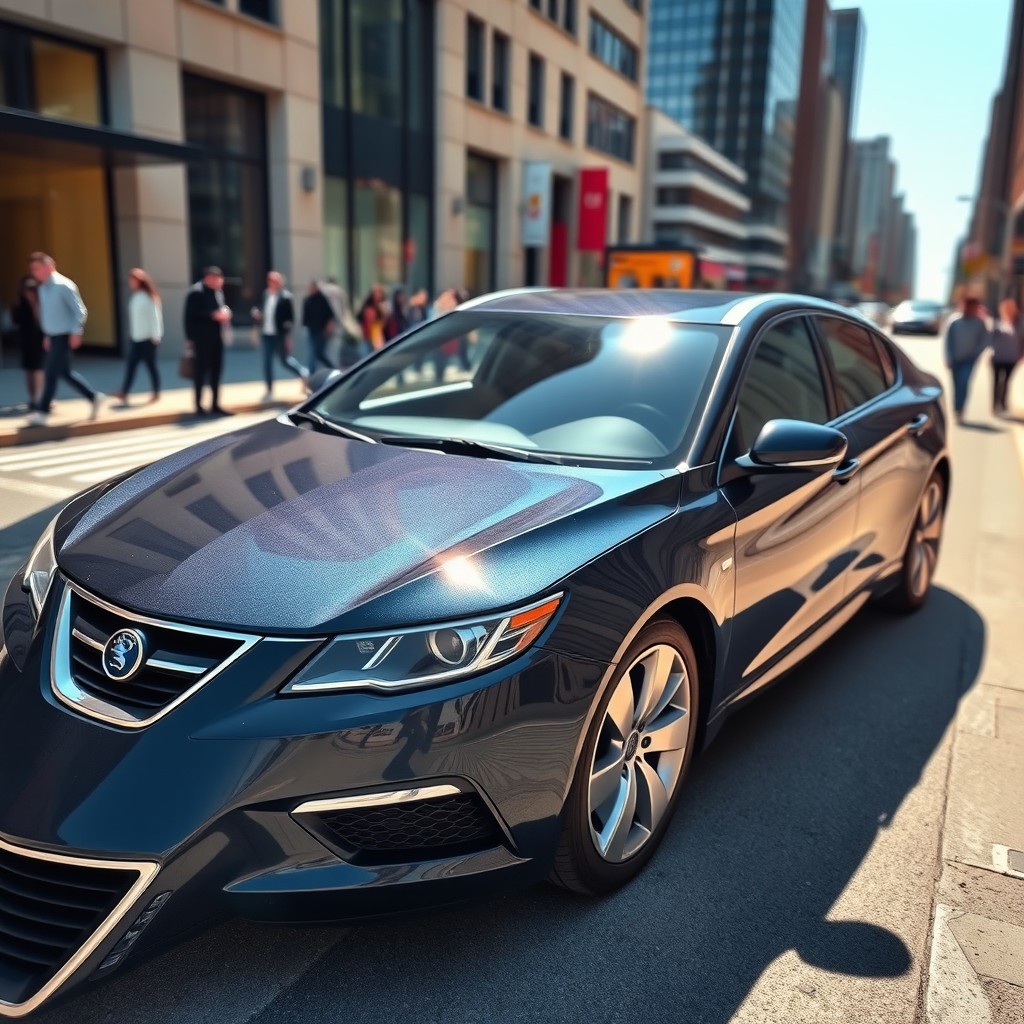 A striking, modern Saab car parked in an urban environment