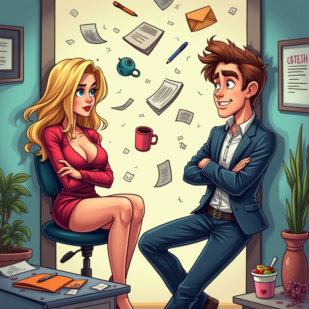 A vibrant, colorful cartoon-style illustration for a romantic comedy