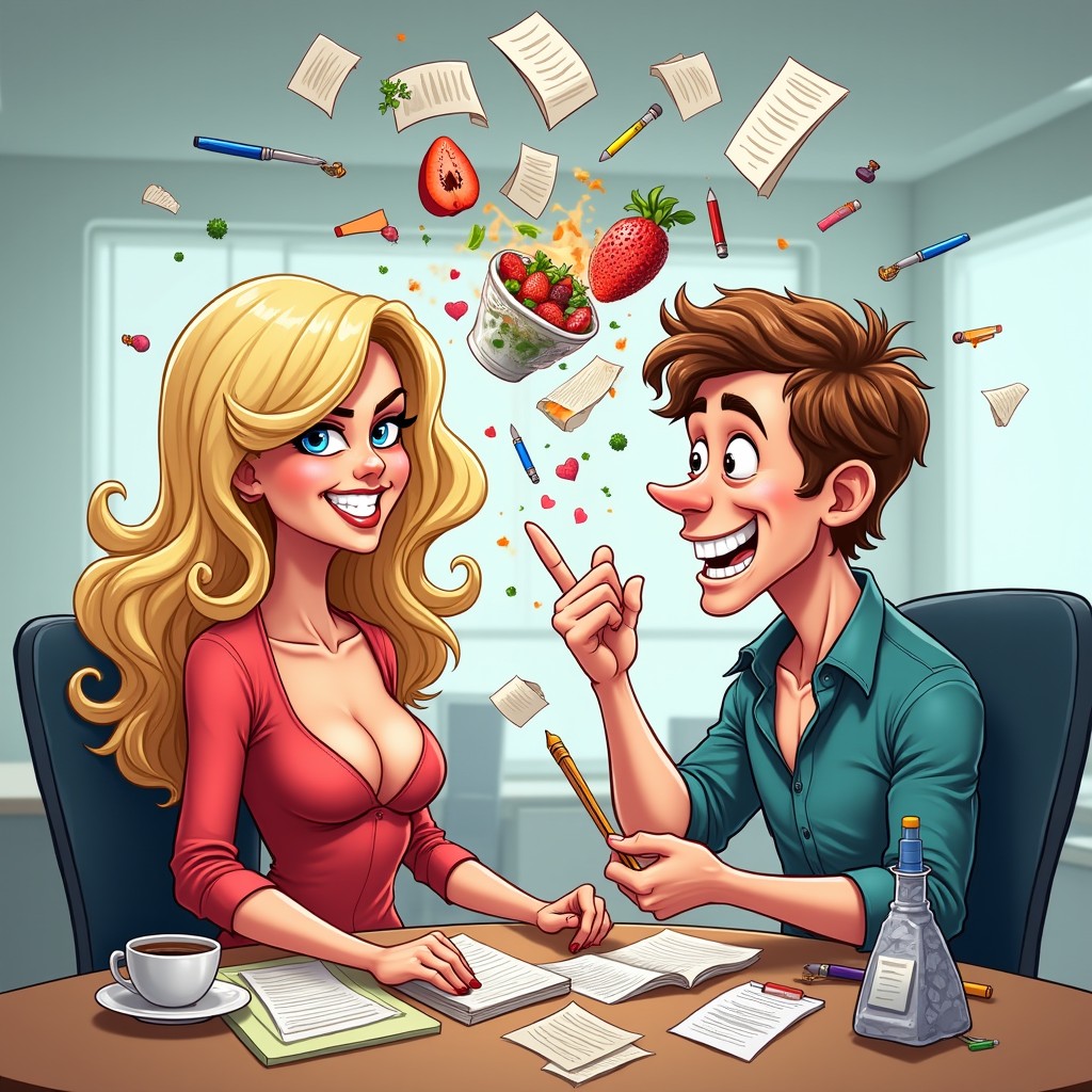 A colorful and vibrant caricature-style illustration for a romantic comedy
