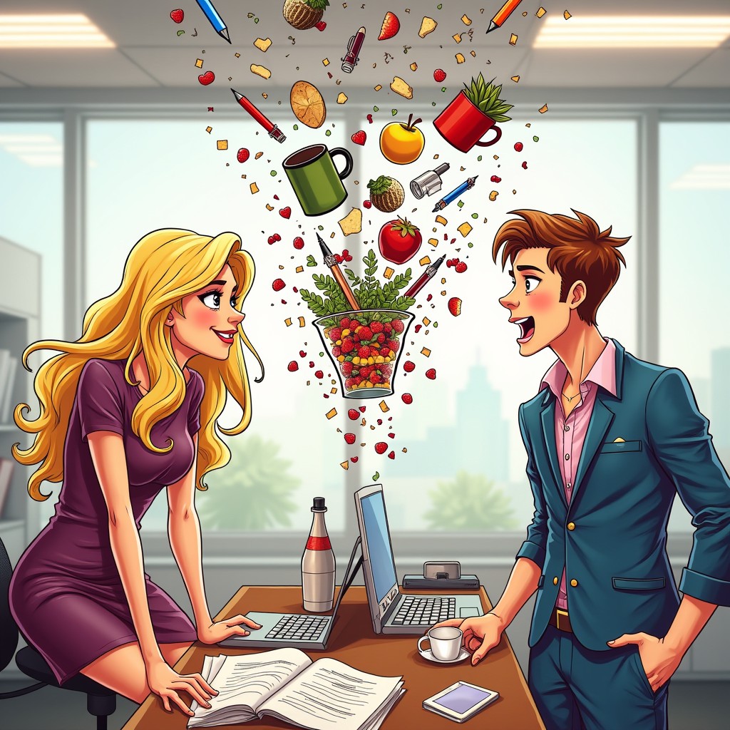 A colorful, vibrant illustration in a drawing style for a romantic comedy scene