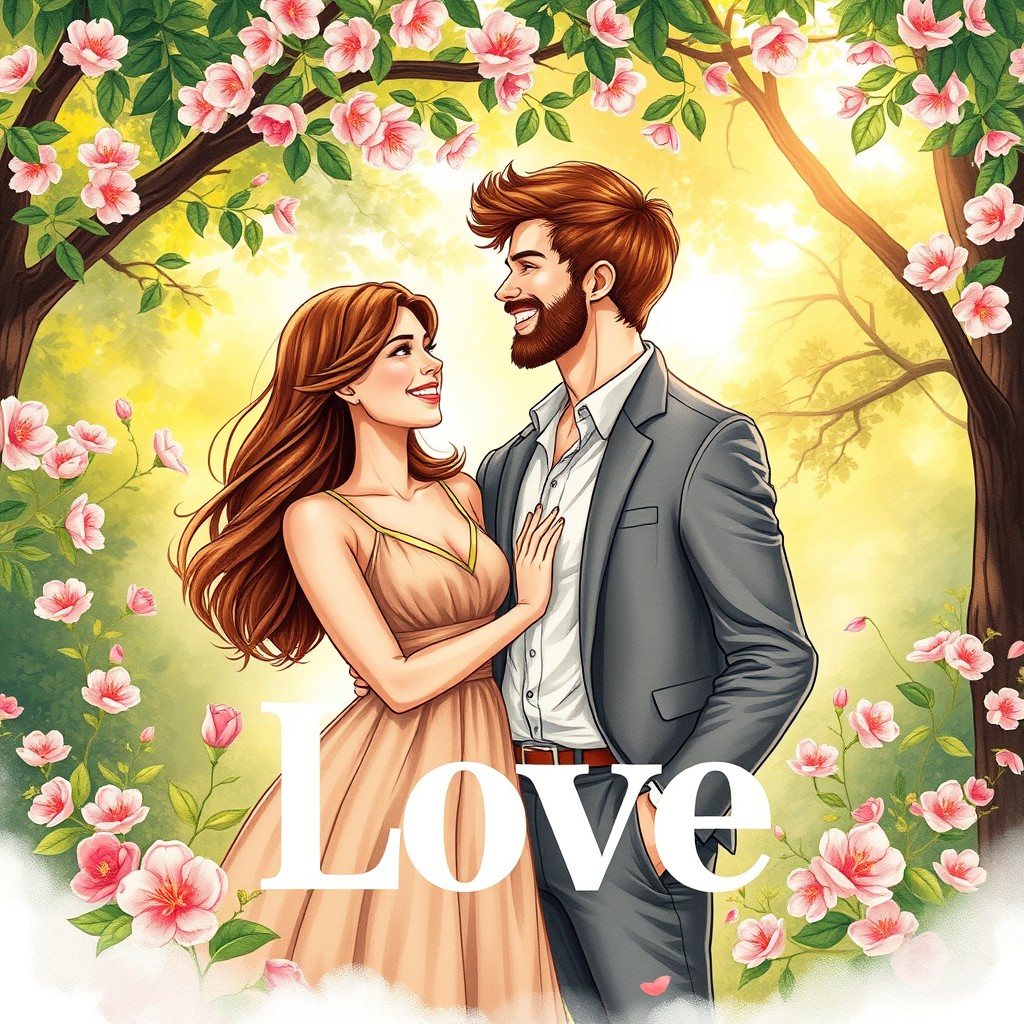 A beautifully illustrated book cover featuring a happy couple in a romantic embrace