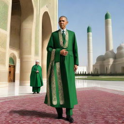 President Obama in traditional Turkmenistan clothing during a visit, with Turkmenistan landmarks in the background