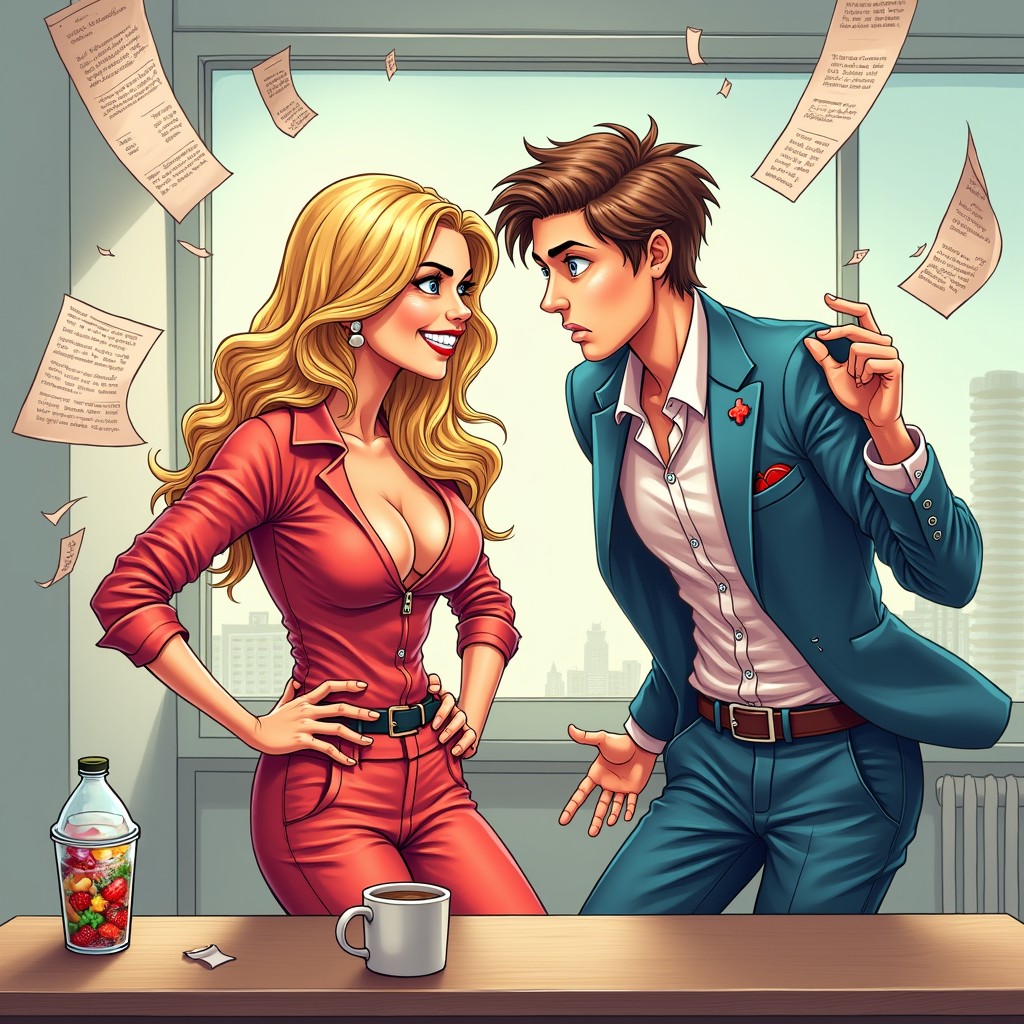A realistic drawing illustrative scene for a romantic comedy with vibrant colors