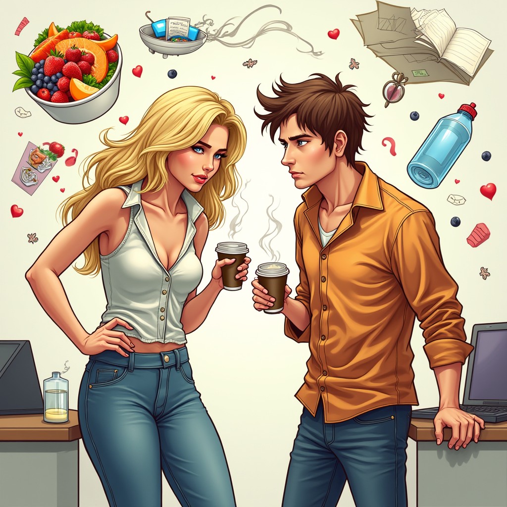 A vibrant, colorful, and fun realistic drawing for a romantic comedy scene