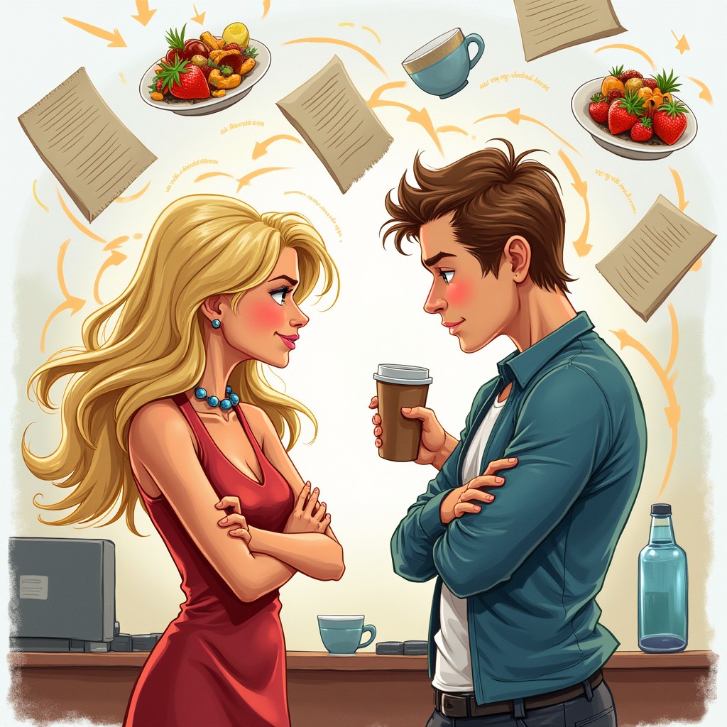 A realistic drawing with colorful and vibrant tones, capturing a scene from a romantic comedy