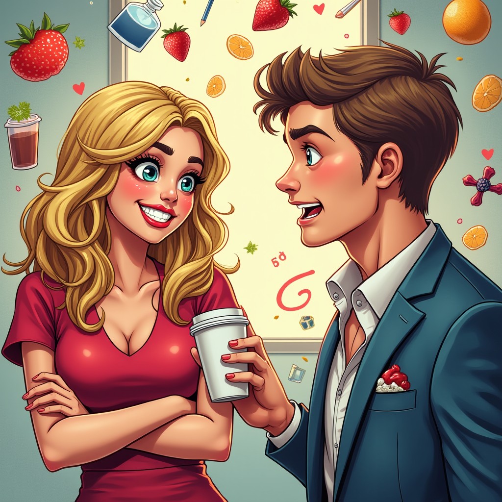 A realistic and colorful illustration for a romantic comedy scene, vibrant and fun