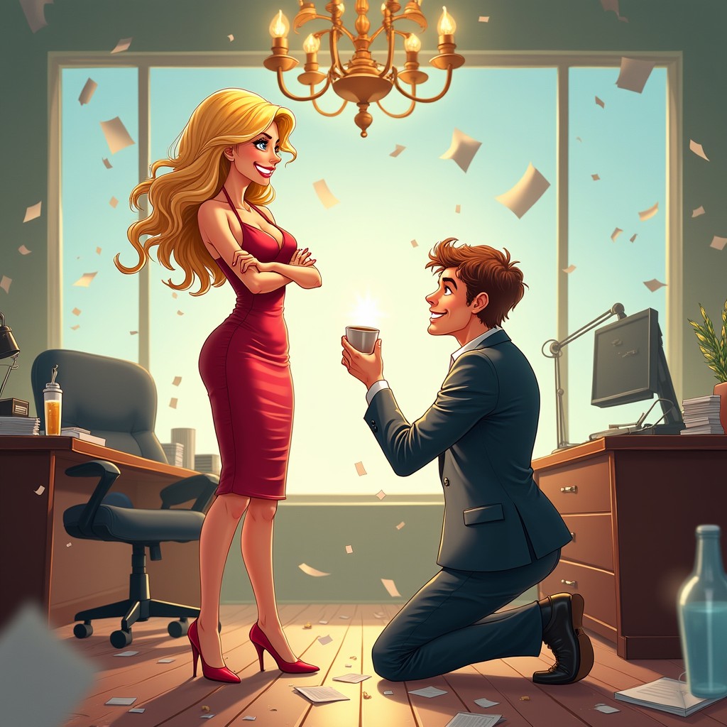 A realistic and colorful illustration for a romantic comedy, featuring a fun and light-hearted rivalry in a chaotic lawyer's office