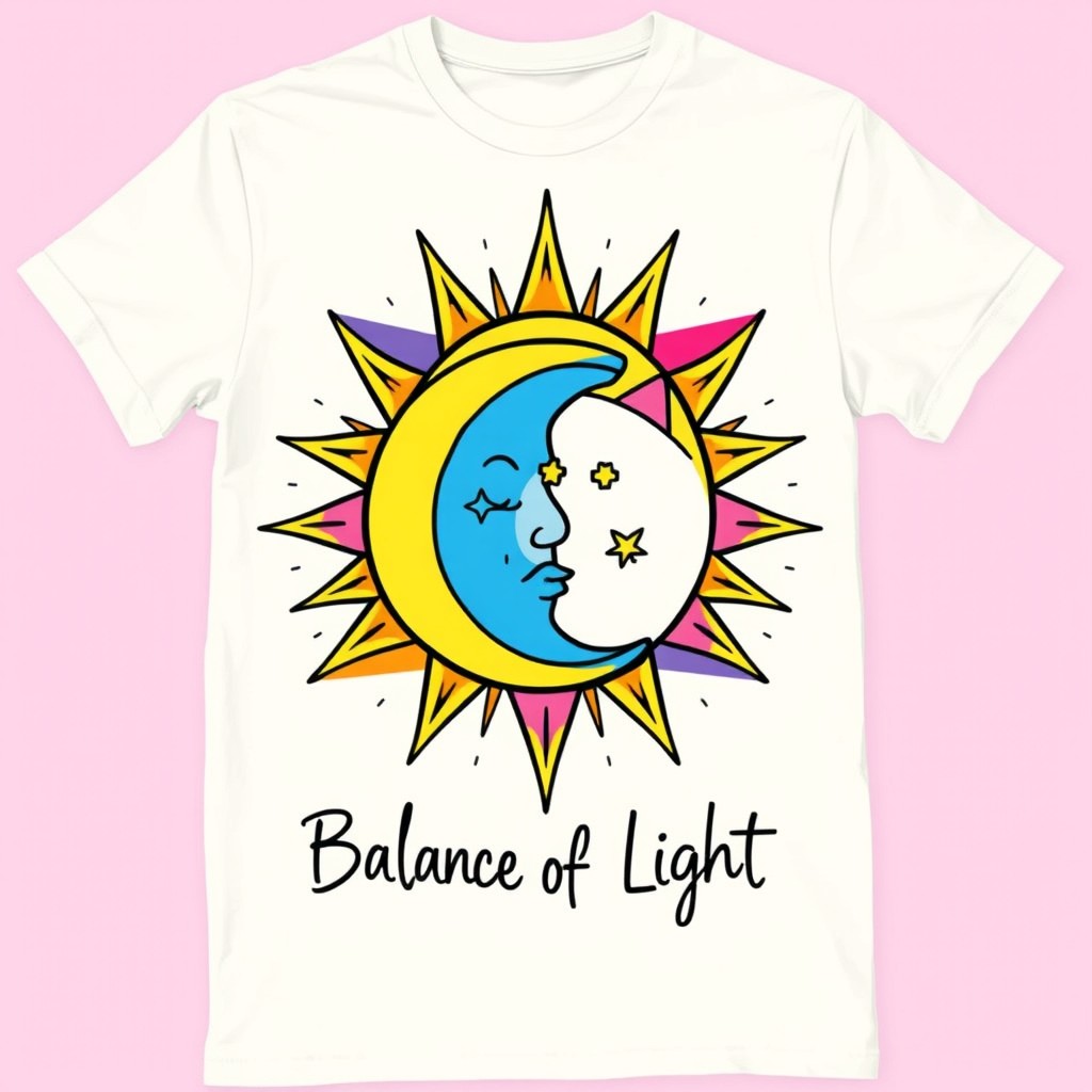 A vibrant and creative t-shirt design featuring a stylized illustration of a sun and moon intertwined, surrounded by colorful geometric shapes