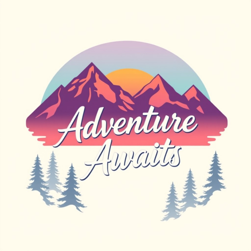 A trendy t-shirt design featuring an artistic depiction of a mountain landscape during sunset