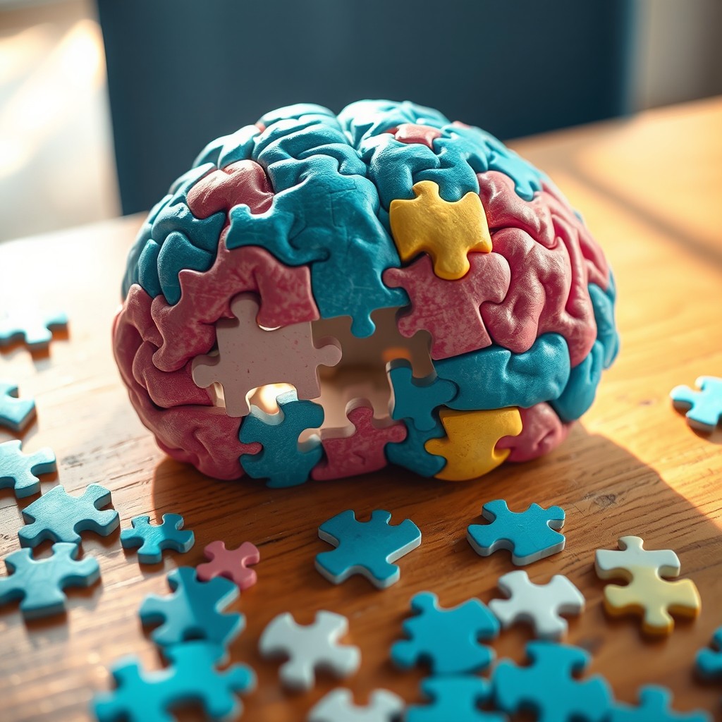 A brain-shaped jigsaw puzzle with one missing piece