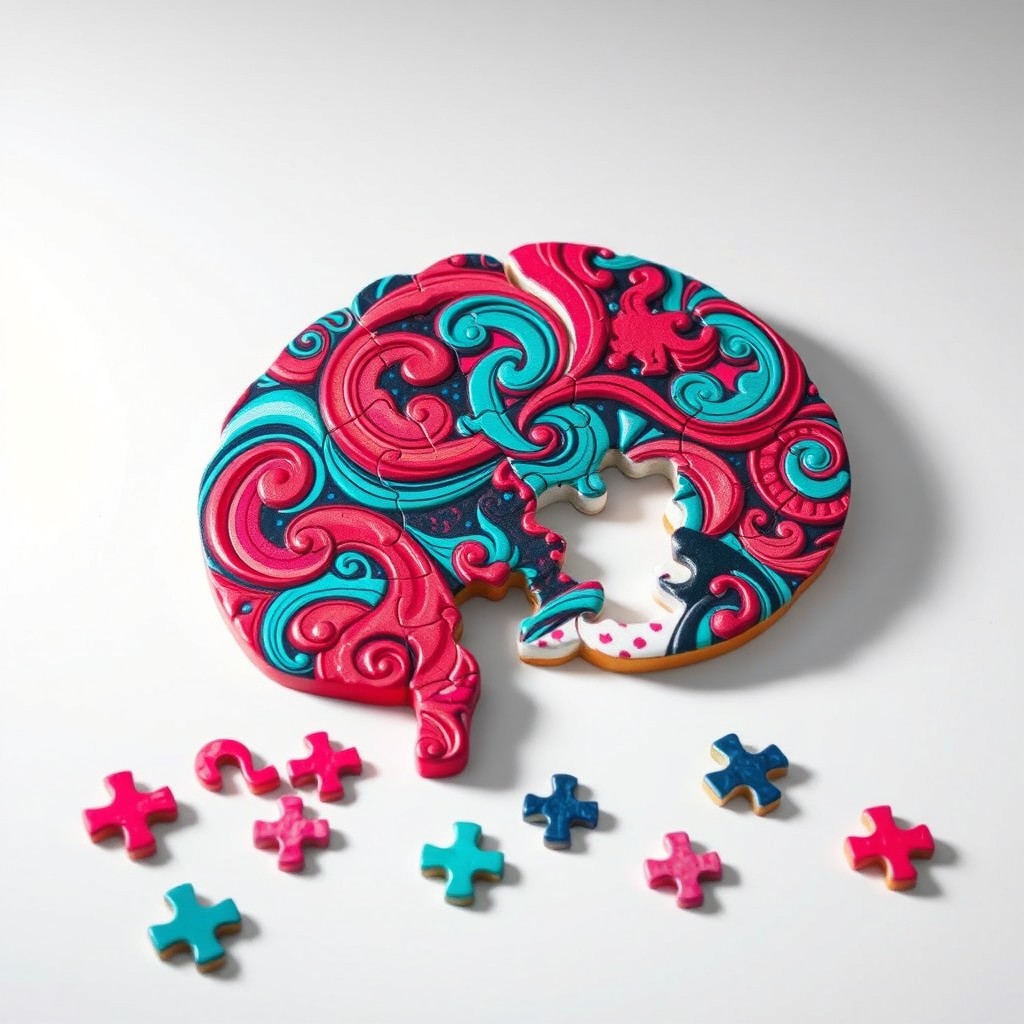 A jigsaw puzzle in the shape of a brain, with one piece missing