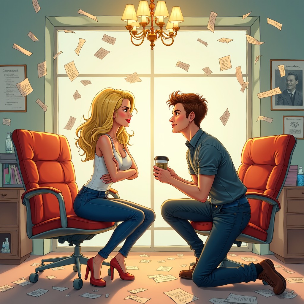 A vibrant and colorful realistic drawing for a romantic comedy featuring a lighthearted rivalry and playful dispute