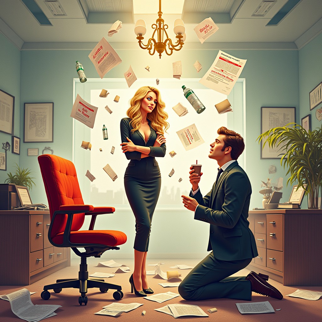 A vibrant and colorful realistic drawing for a romantic comedy scene set in a law office in chaos