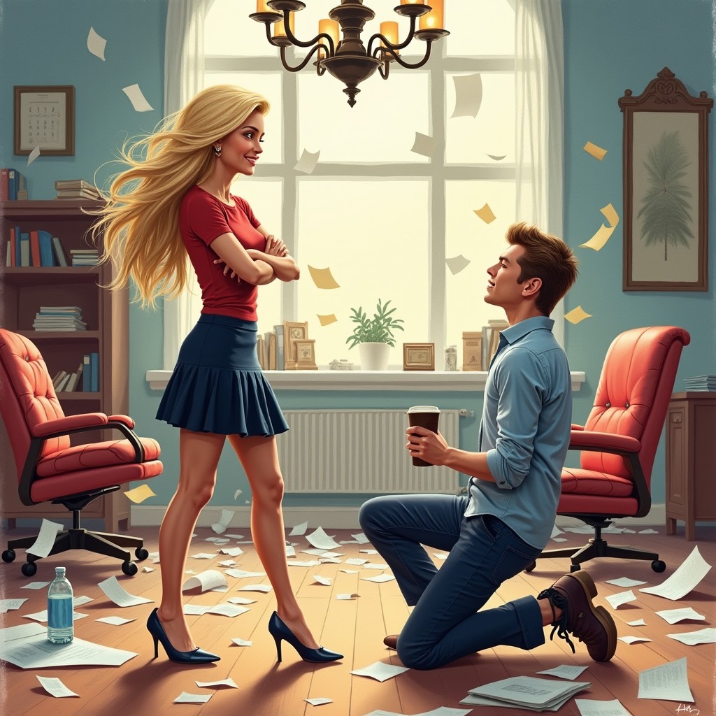 A realistic and vibrant drawing that illustrates a playful romantic comedy scene
