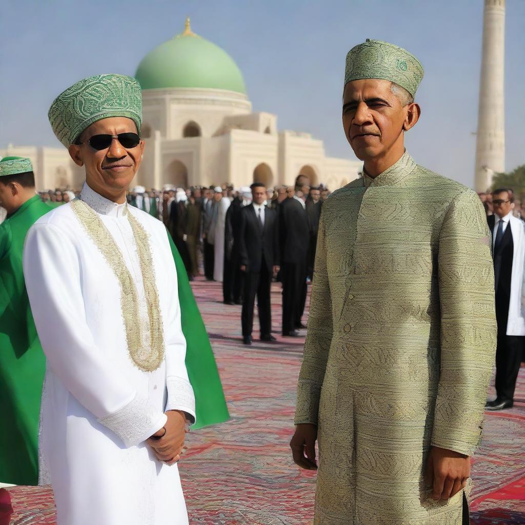 President Obama in traditional Turkmenistan clothing during a visit, with Turkmenistan landmarks in the background